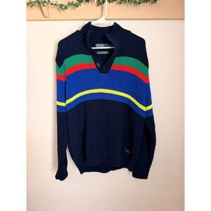 Polo Ralph Lauren Mens Colorblock Stripe Mock Neck Cotton Knit Sweater Navy L